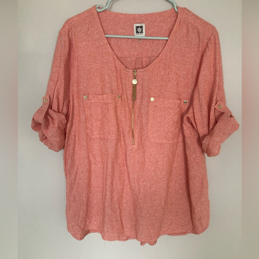 Anne Klein Coral Gold Accents Blouse Tunic Size XL Linen Blend Pockets Roll Tab
